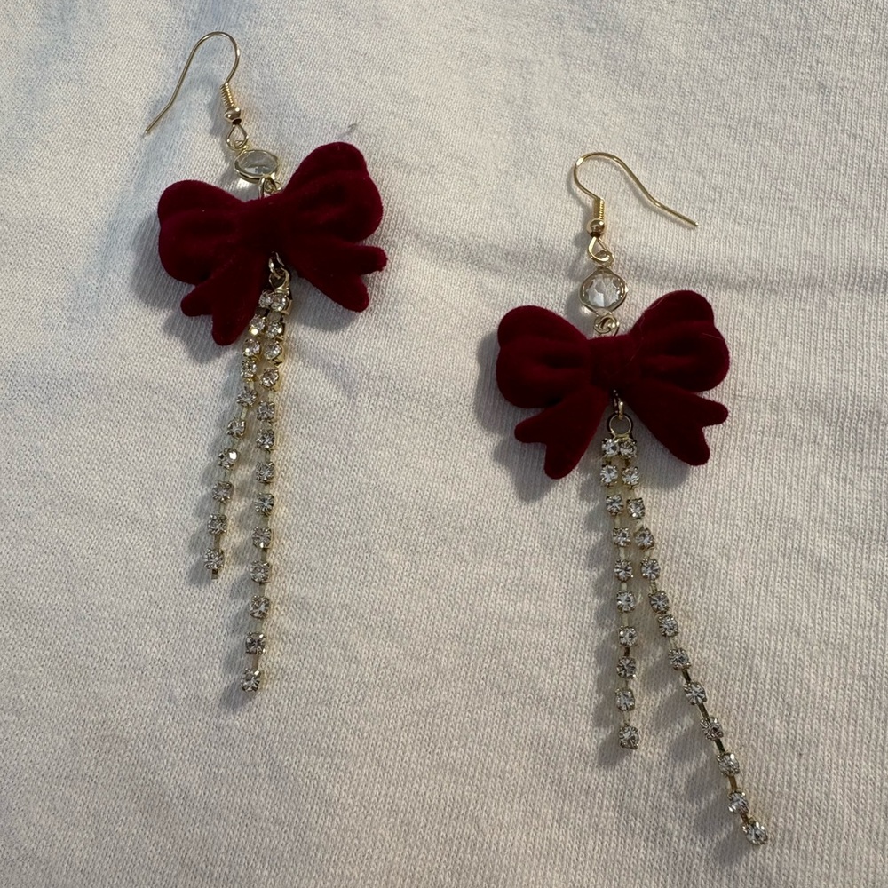 Elegant Deep Red/Maroon Velvet Bow with Crystal Dangle Earrings
